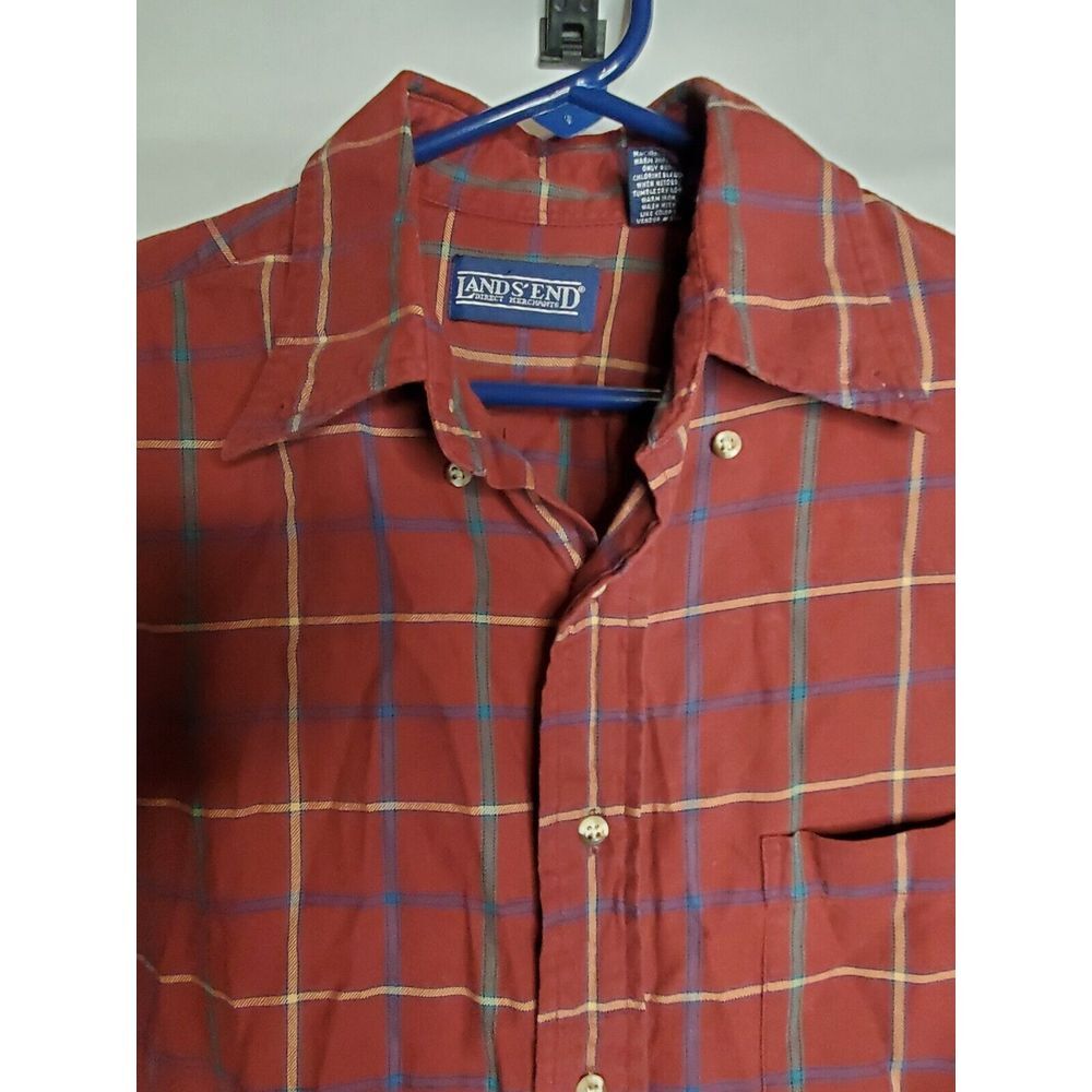 Vintage‎ Lands' End Men's  Dark Red Plaid Button Shirt Long Sleeve Size Small